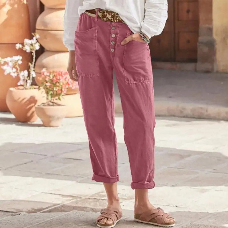 Women's Cotton Linen Cargo Pants Comfortable Casual Loose High Waist Big Pocket Harem Pants Straight Trousers Ladies Daily Wear