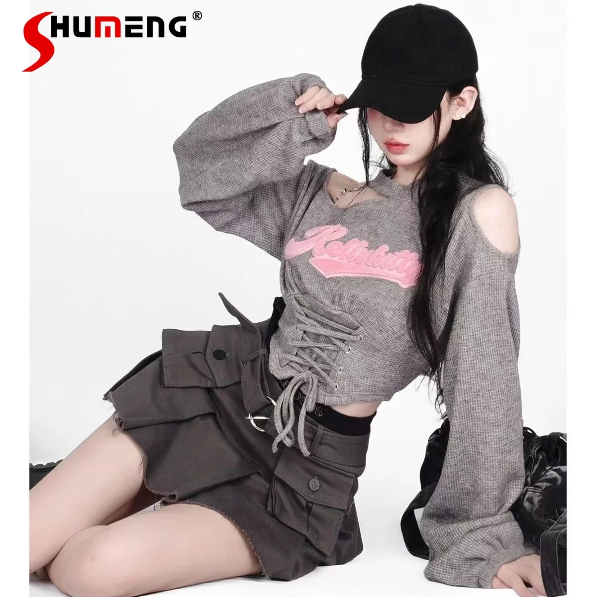 

Y2k Hot Girl Waffle Strapless Lace-up Short Sweatshirt Female 2023 Fall New Loose Long Sleeve Crop Hoodies Top Clothes for Women