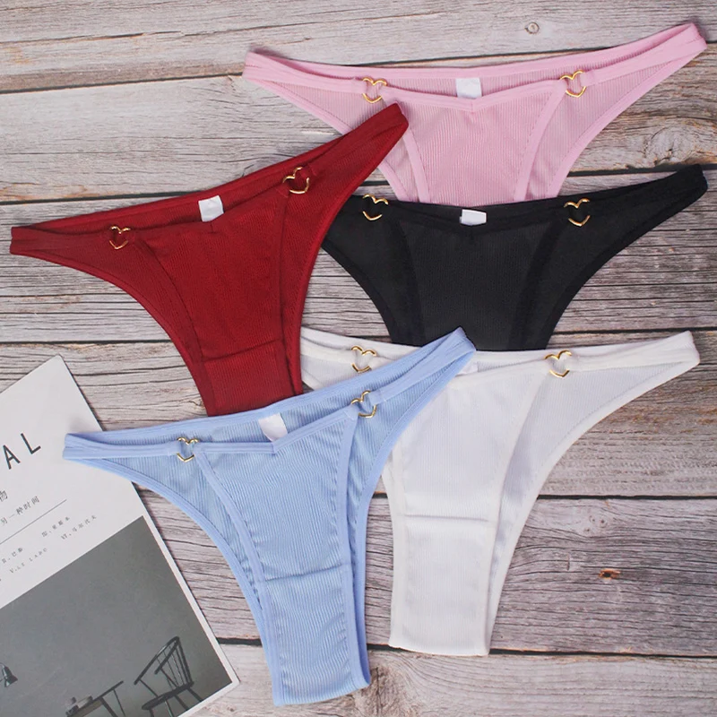 

Women Breathable low-waisted String Sexy panties Rib Thong Metal Heart Hollow Out Solid Color Traceless underpants