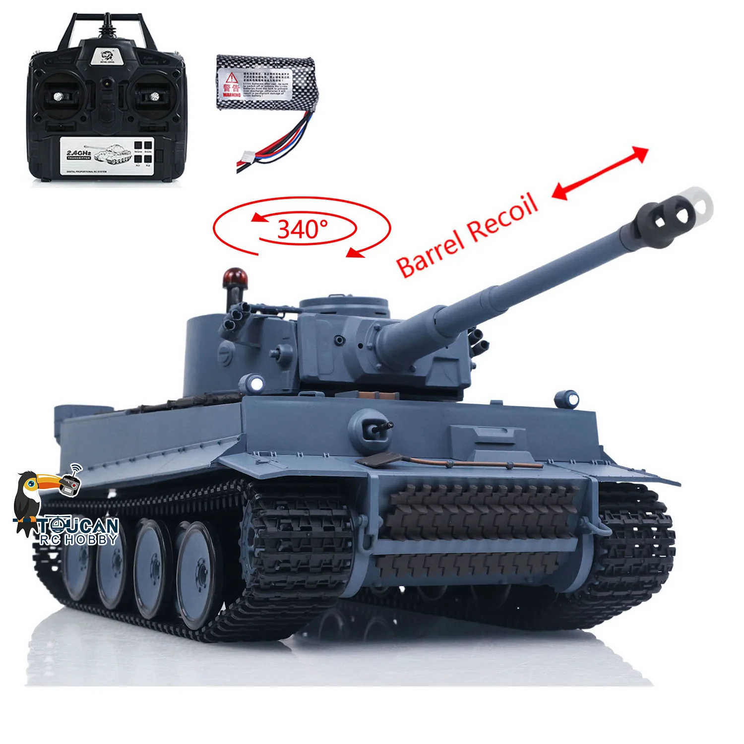 Détail du canon et des chenilles du char RC Tiger I 1/16 avec système de fumée intégré