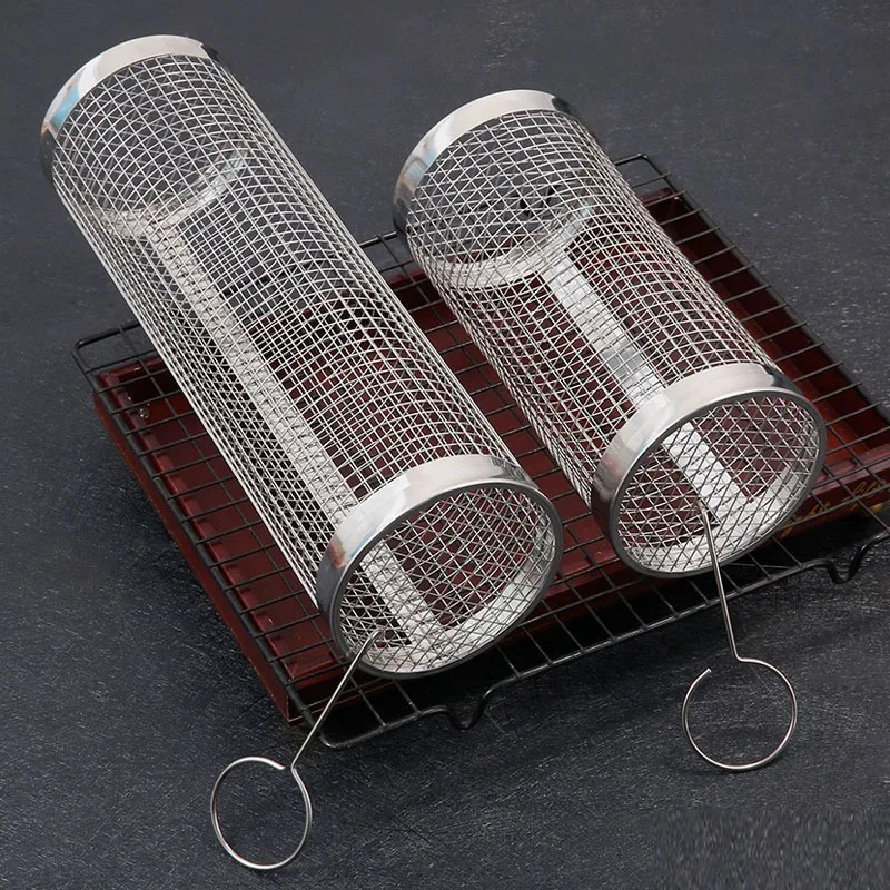 BBQ Basket Stainless Steel Rolling Wire Mesh Cylinder Basket Portable Round Outdoor Camping Rack Barbecue Kitchen Utensils Bar