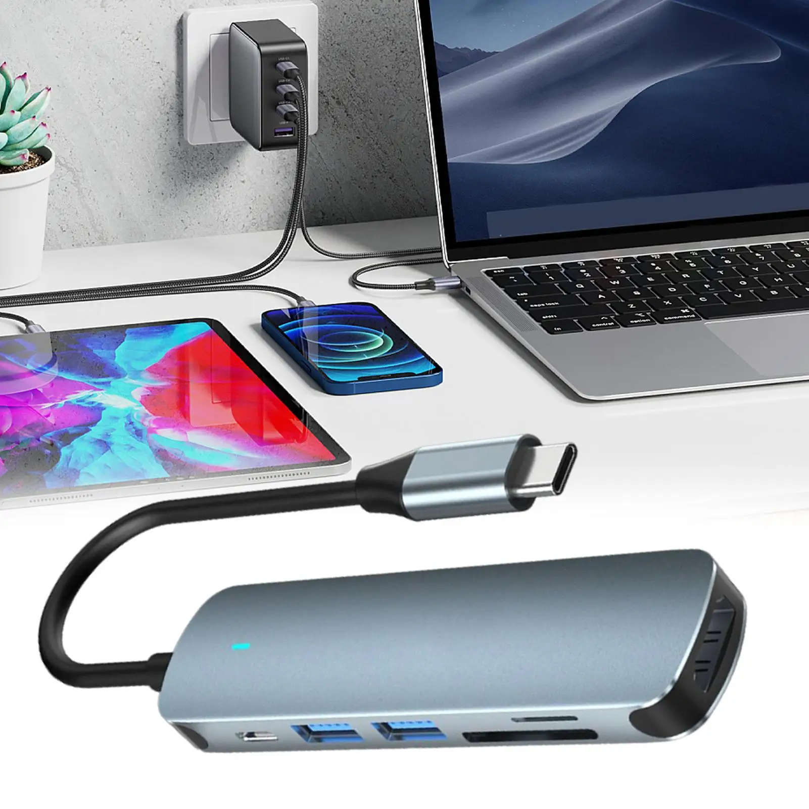 USB C Hub Computer USB C Expander Hub Portable 6-in-1 Data Transmission Adapter for Business Meetings Home Office Content