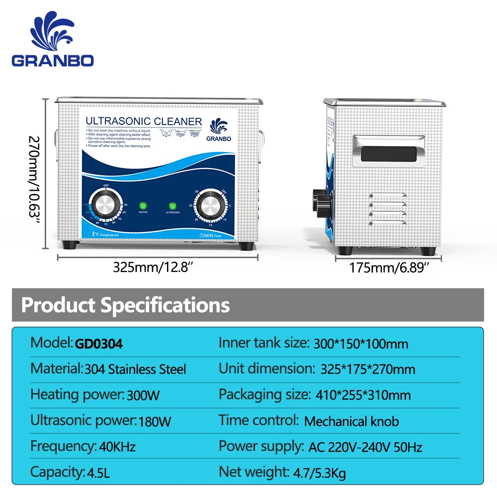 4.5L 180W Ultrasonic Cleaner with Timer Knob Control 40KHz for Dental Tools 3D Models Auto Part Cleaning Machine Heater 6