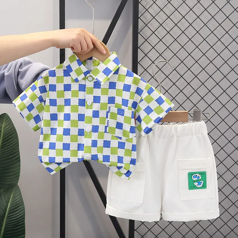 

New Summer Children Baby Girls Boys Clothes Infant Full Plaid Shirt Shorts 2pcs/set Kids Cotton Toddler Costume 0-5 YEARS
