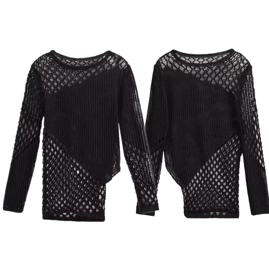 Maxdutti Ins Fashion Women's High Street Blouse Ladies Asymmetrical Knitwear Hollow Sexy Black Knit Top