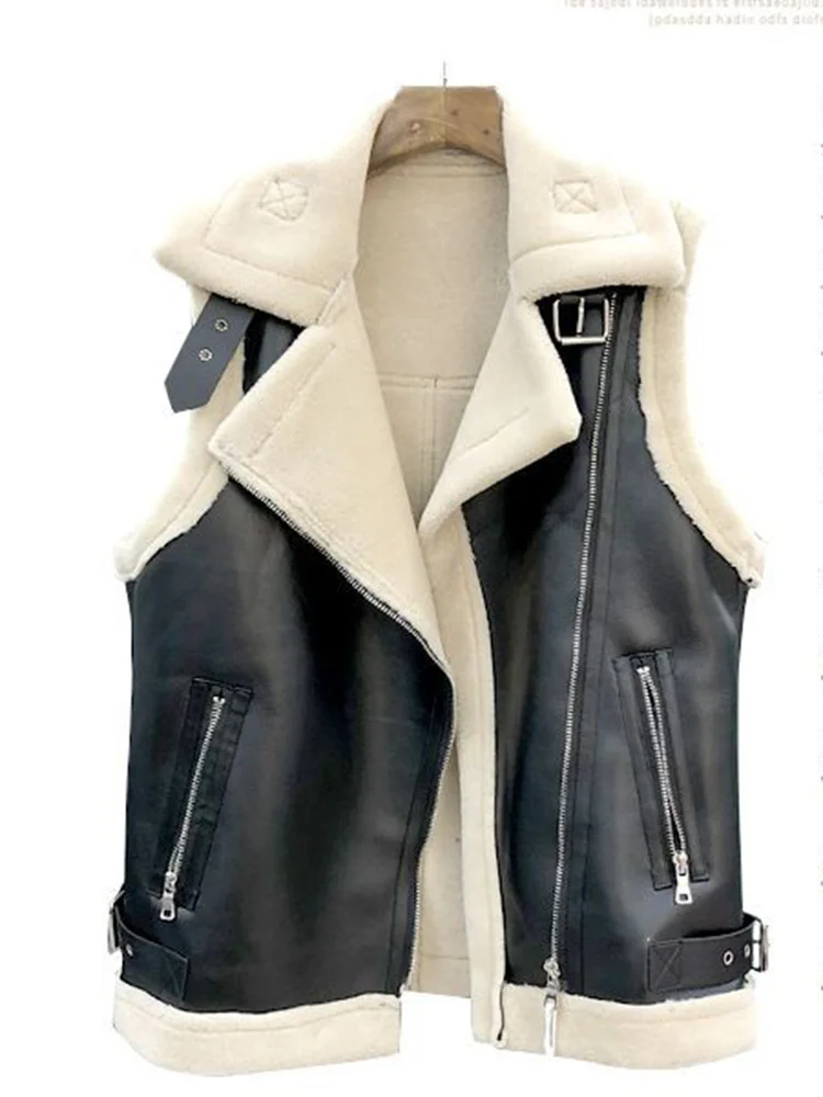 

Winter Faux Fur Vest Women Sheepskin Waistcoat Jacket 2023 Lady Moto Biker Leather Jacket Fleece Warm Coat Woman Sleeveless