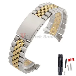 Curved End Stainless Steel Watch Bands - Jubilee Style Solid Strap Bracelet - 21mm (Silver - Gold)