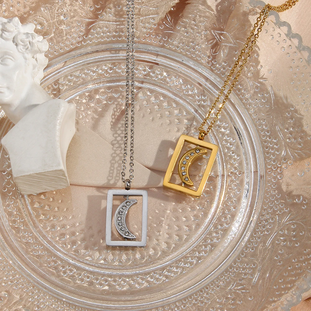 2022 Aesthetic Aaa Natural Zircon Moon Revolving Rectangle Pendant