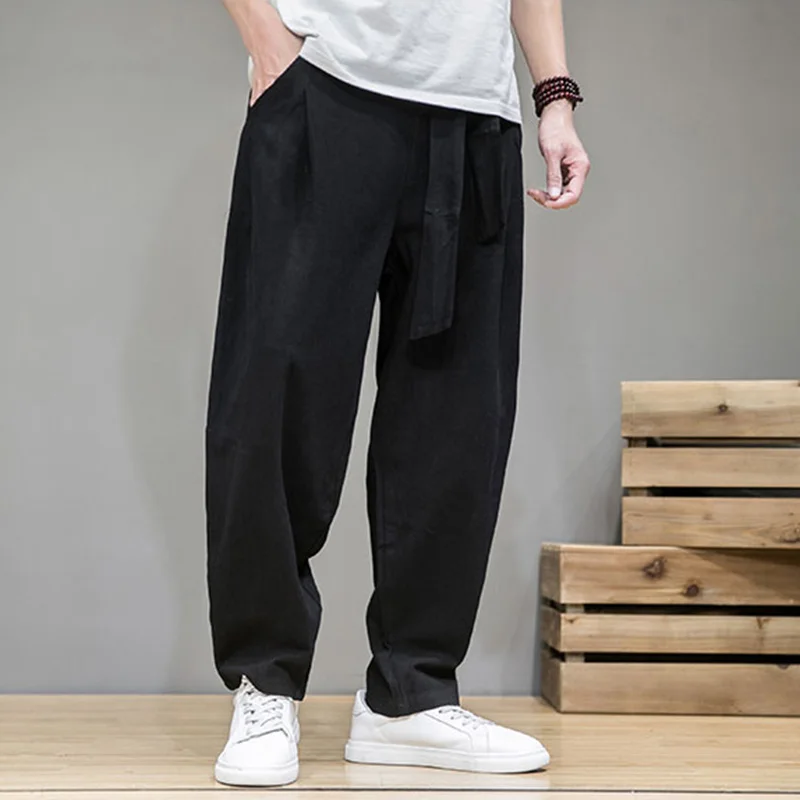 Linen Pants Men Cotton Pants Men Harem Pants Spring Cotton Linen Pants Men Elastic Waist Casual Harem Pant Loose Sweatpants Traditional Chinese Trousers