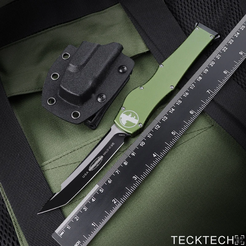 

GREEN HALO VI Knives Halo 6 Micro OTF Tech Knife D2 Blade CNC 6061 Handle EDC Combat Tactical Pocketknives with Kydex Sheath