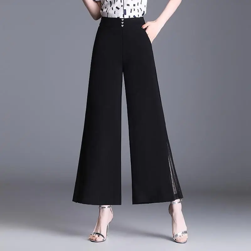 Women's Print Mesh Patchwork Elegant Chic Thin Wide Leg Pants 2023 Summer Black High Waist Loose Office Lady Trousers Pantalones