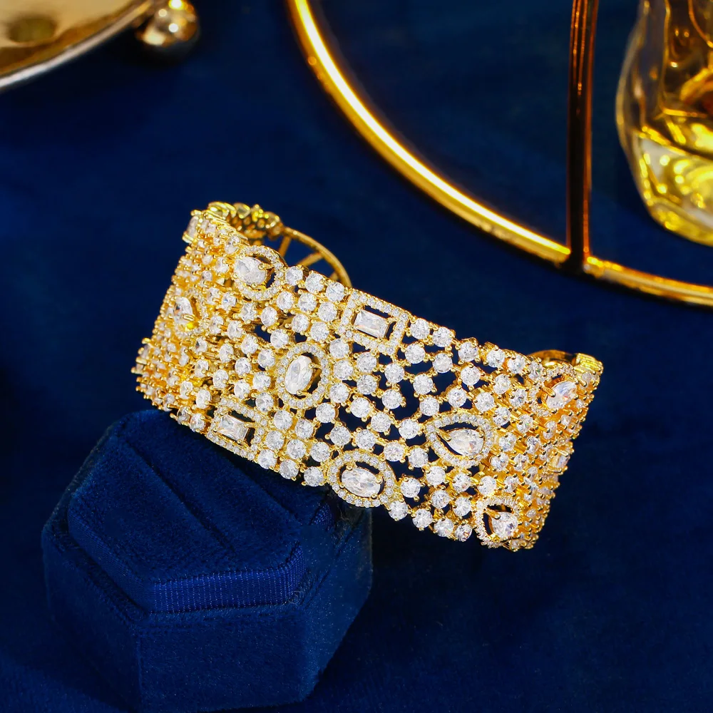 CWWZircons Luxury Statement Chunky Cubic Zirconia Pave Wide Big Bridal Wedding Cuff Bangles for Women Dubai Gold Color BG067 3