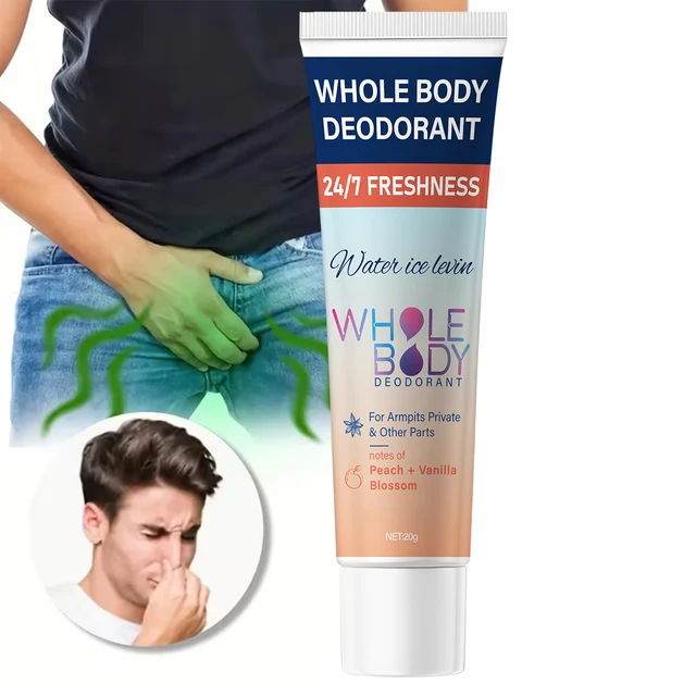 Déodorant corps entier fraîcheur 24/7 pour aisselles et parties intimes avec acide hyaluronique et parfum pêche vanille. 1