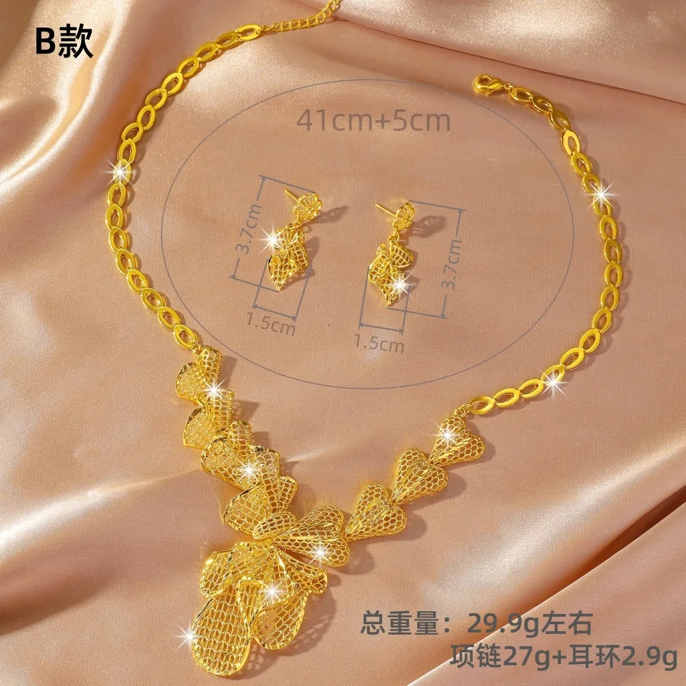 Middle East Cross-border Bride Unique Flowers 24K 9999 Real Gold Necklace Women's Earring Set Light Luxury Wedding Set Chain