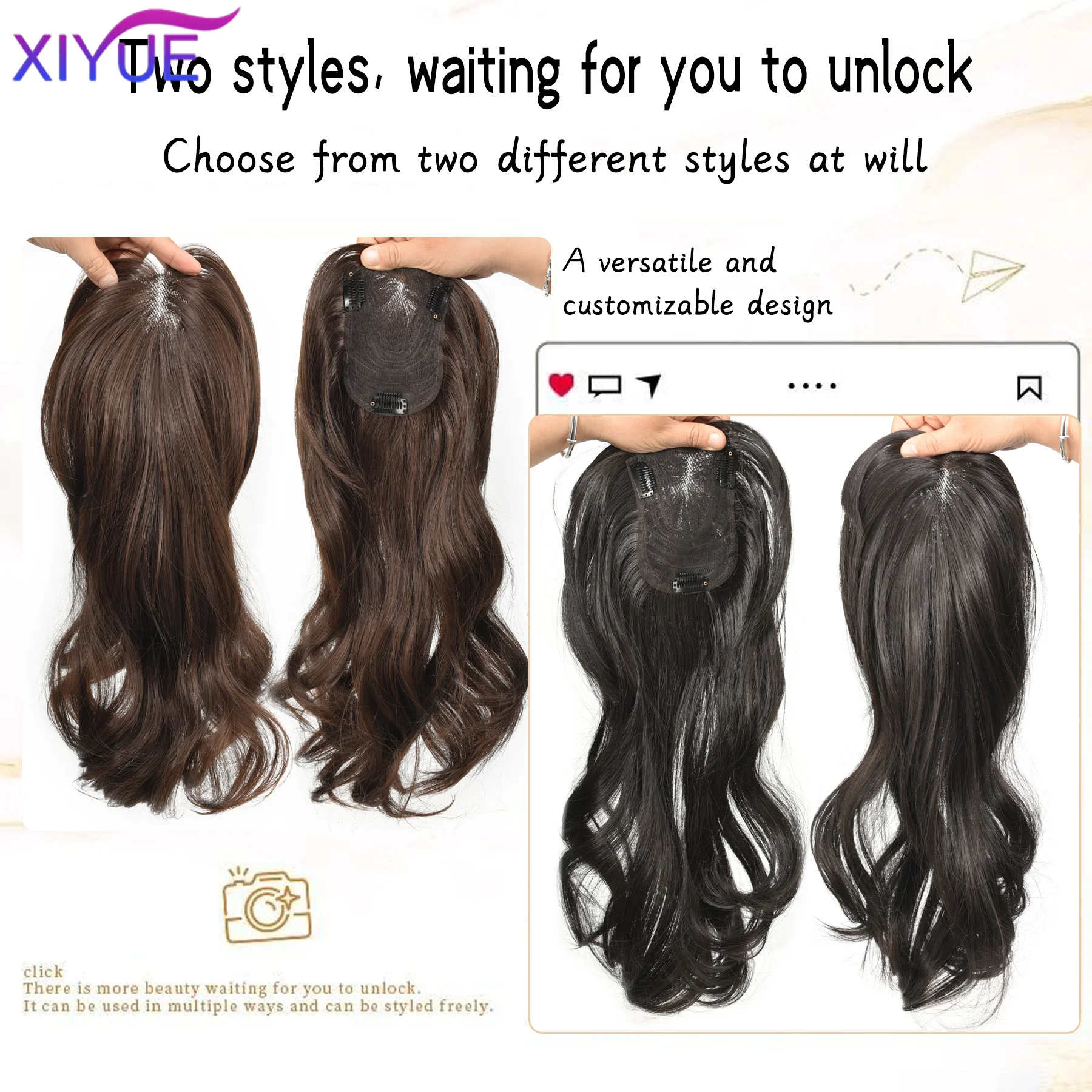 XIYUE Synthetic Long Straight Layered Hair Wig Clip in Hair Extensions Natural Fluffy Head Top Fake Hair Piece with Bang Clip