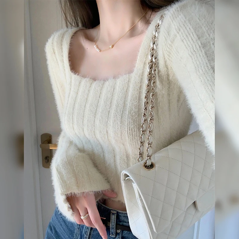 

Square Collar Women's Sweater Pullovers Long Sleeve Solid Color Knitwear Korean Office Lady Fashion Daily Female Winter Tops