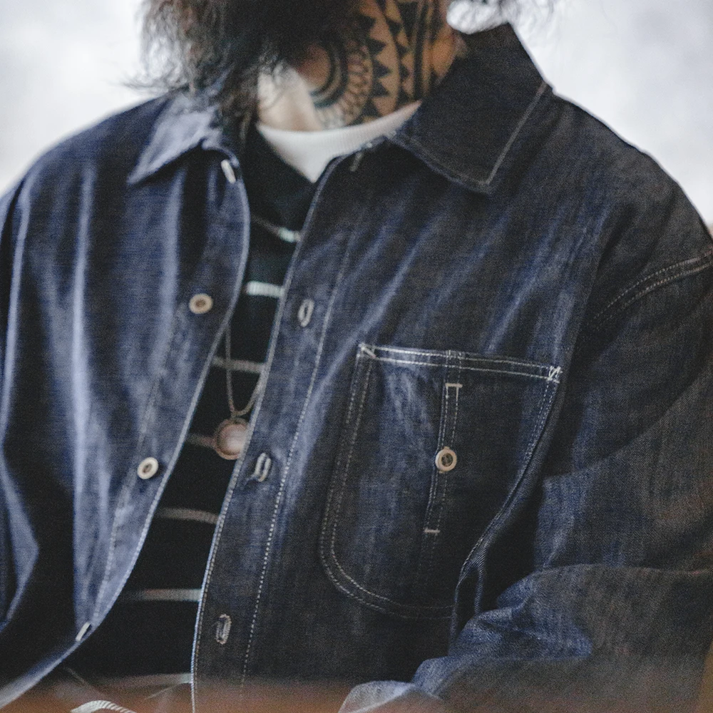 Men's Casual Button Down Long Sleeve Denim Shirt Vintage Washed Pockets Loose Workwear Tops Large Pocket