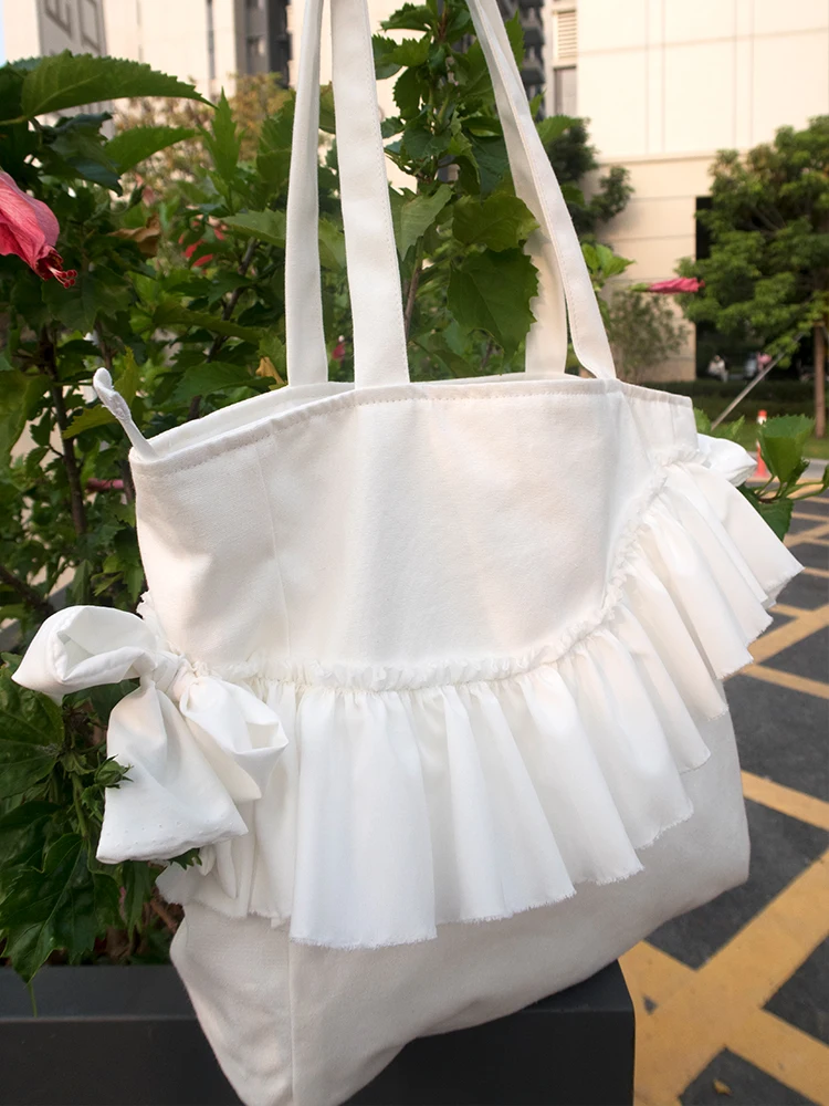 New Original Design Sweet Tote Bag Bow Lace Fold Large Capacity Shopping Bag Casual Fashion Simple Canvas Shoulder Bag For Women
