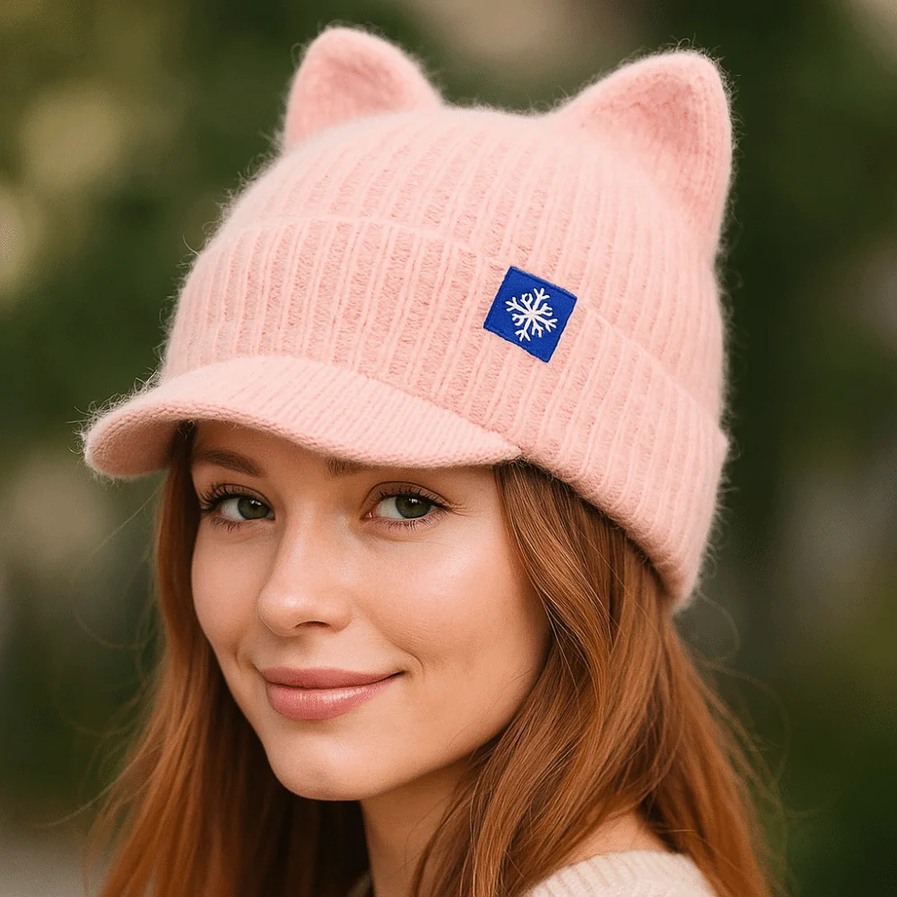 Acrylic Faux Fur Winter Cat Ear Knitted Hat