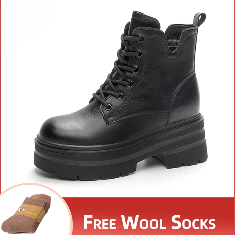 

8cm 2023 Women Genuine Leather Shoes Winter Keep Warm Plush Plus Size Boots Cotton Shoes Footwear Comfortable New Ladies Shoes