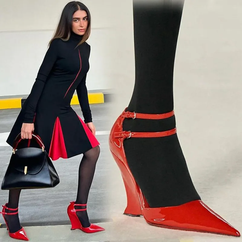 

Туфли-лодочки женские на высоком каблуке, заостренный носок, двойной ремень, каблук-танкетка, пикантная обувь, большие размеры