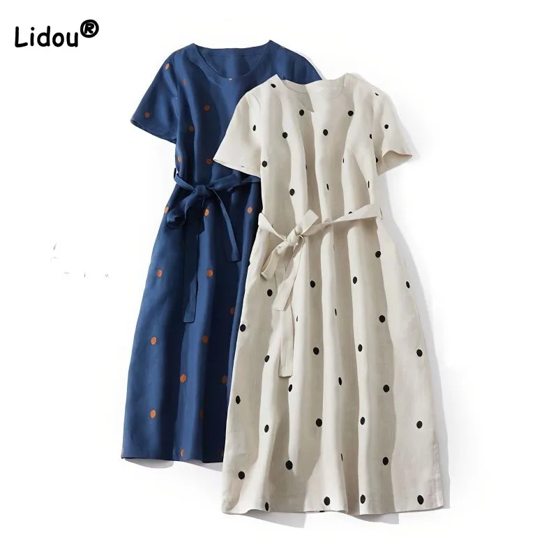 

Vintage Simplicity Lace Up Waist Dresses for Female Loose Fashion Short Sleeve Polka Dot Printed Dress Summer Women's Clothing