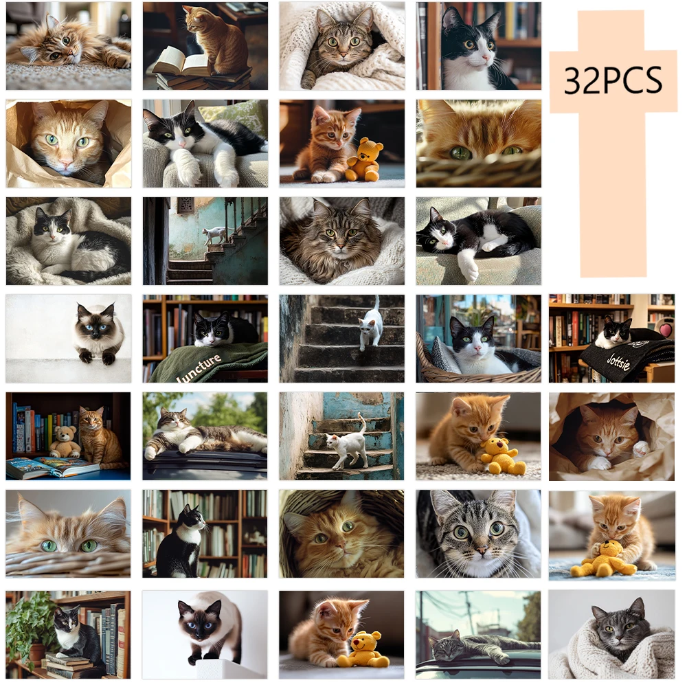 32枚、高精細でかわいい猫のポストカード、グリーティングカード、DIYポストカード、装飾、コレクションやギフトに最適です。