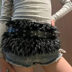 Vintage Y2K Faux Fur Punk Waistband with Metal Bead Chain - 75-95cm (Black white)