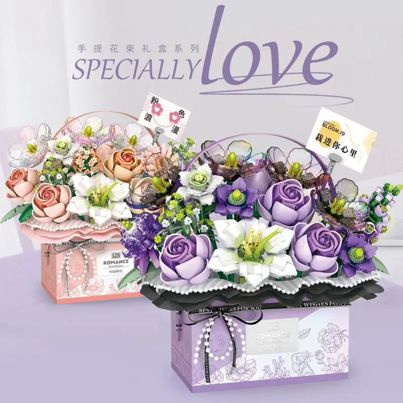 LOZ New Pink Rose Bouquet Model Building Blocks Purple Flower Luminescence Suit Gift Box Bricks Boys Girls Christmas Toys Gift