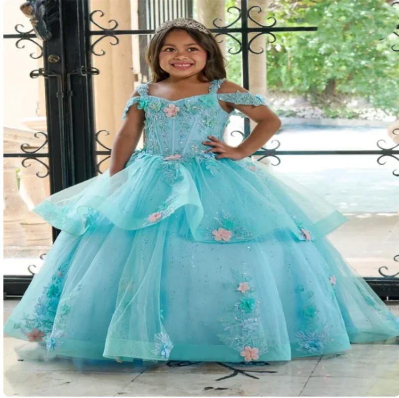 

Elegant Children Birthday Party Dresses Sequined Tulle Appliques Flower Girls Dress 2024 Princess Ball Gown Long Vestidos