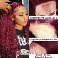 Perruques Lace Front 13x4 en cheveux humains, bouclées crépues, ondulations profondes, avec dentelle frontale HD, couleur bordeaux 99j (couleur vin rouge), pré-épilées, pour femmes 2
