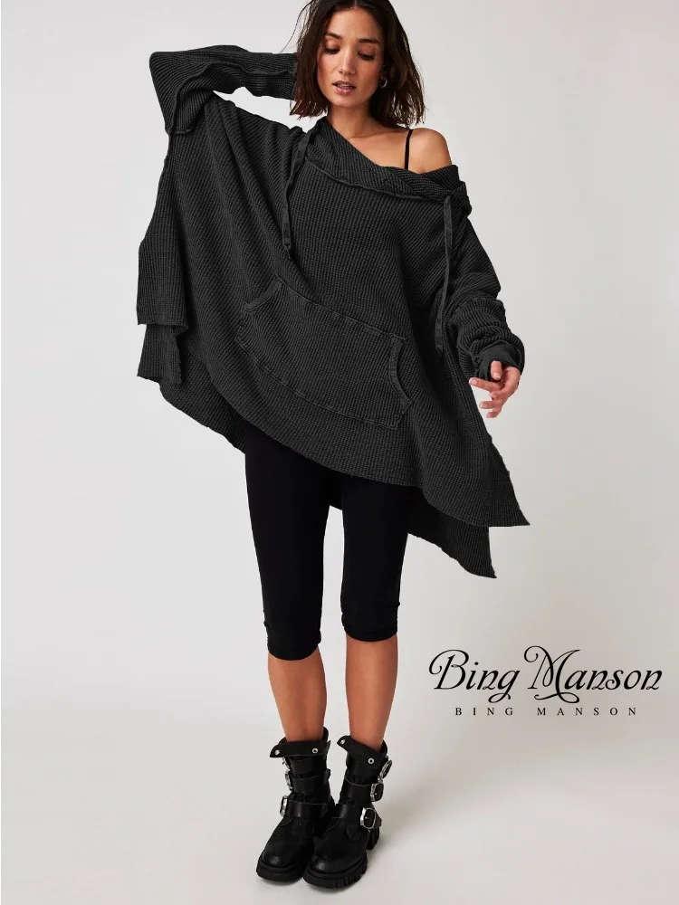 

2023 Autumn Women's Loose Sweater Solid Hoodie Waffle Long Sleeve Casual Street Commuter Versatile Loose Women's Y2K Pullover