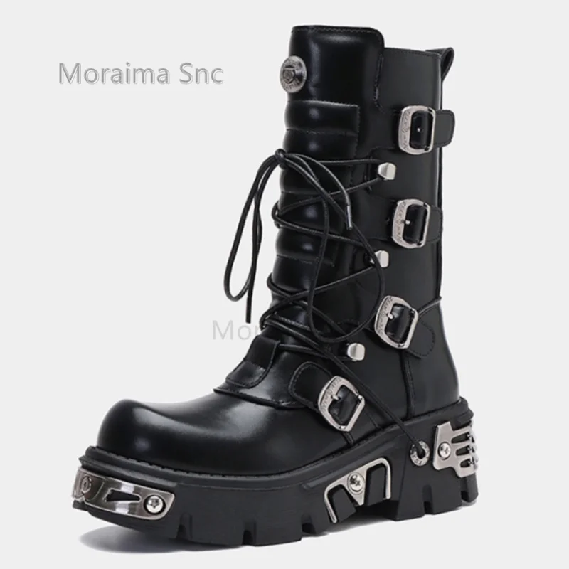 

Punk Belt Buckle Leather Boots for Women Spanish Street High Top Metal Decor Mid Calf Motorcycle Boots Work Platform Shoes Lady