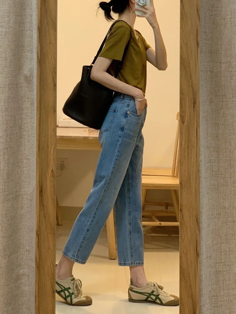 Retro high waisted Jeans Women Summer Thin Slim fit Slimming Straight Pants Design Sense Cropped Pants High Street Fashion Ins