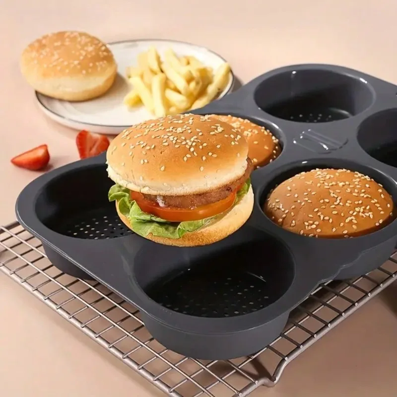 Non-Stick Silicone Hamburger Bun Mold Heat Resistant Reusable Perforated Design for Even Baking Ideal for Homemade Buns