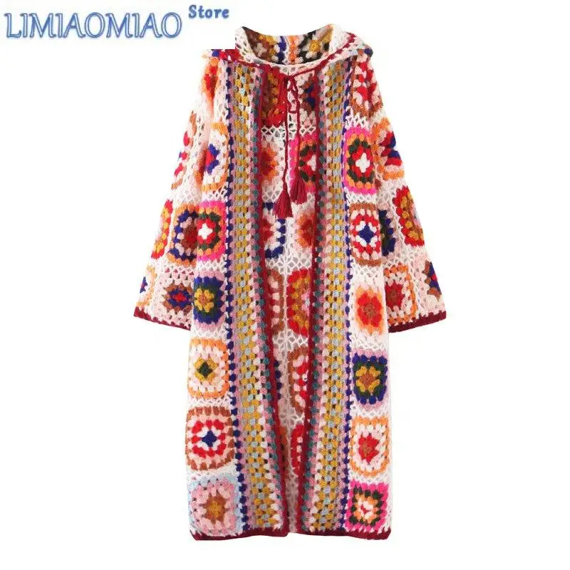 

New Autumn/Winter Thick Line Hollowed-Out Hook Plaid Knit Cardigan Women Bohemian Long Hooded Handmade Sweater