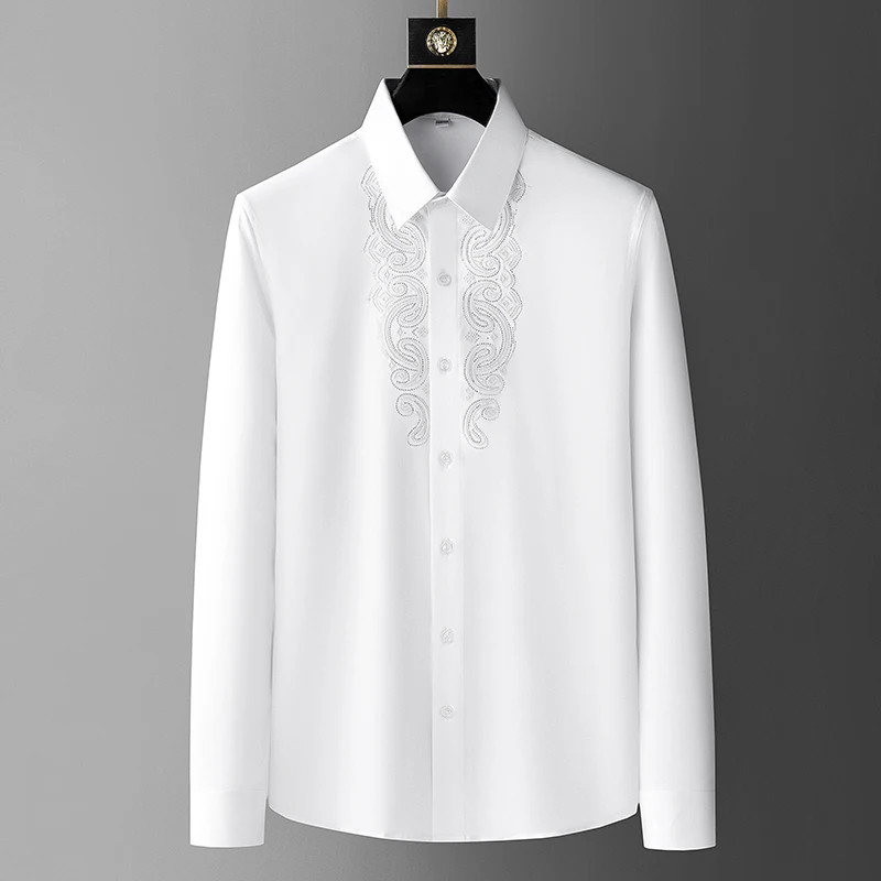 

European and American simple access control fashion printing long-sleeved shirt men's 2023 spring large casual white shirt men