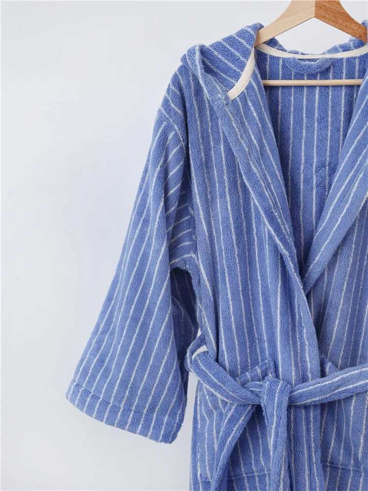 Description Picture 6 of itemFashion CottonYarn Striped Bathrobes Soft Cozy Absorbent Bath Towel Robes V Neck Hooded Loose Sleepwear  Adult Bath  Robes