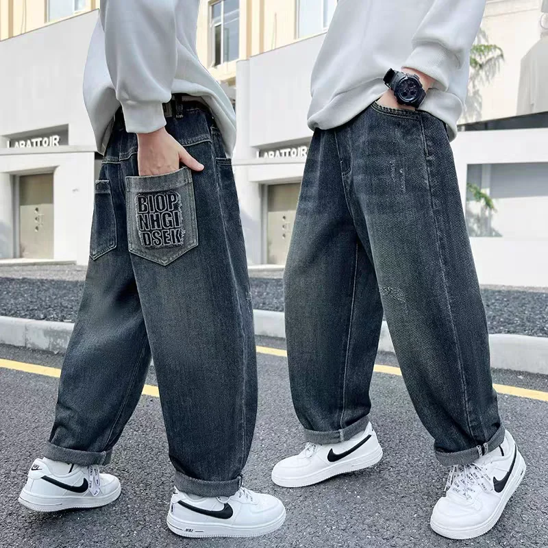 소년용 플리스 안감 데님 청바지 루즈핏 아동 중대형 사이즈 캐주얼 한국 스타일 봄 가을 바지