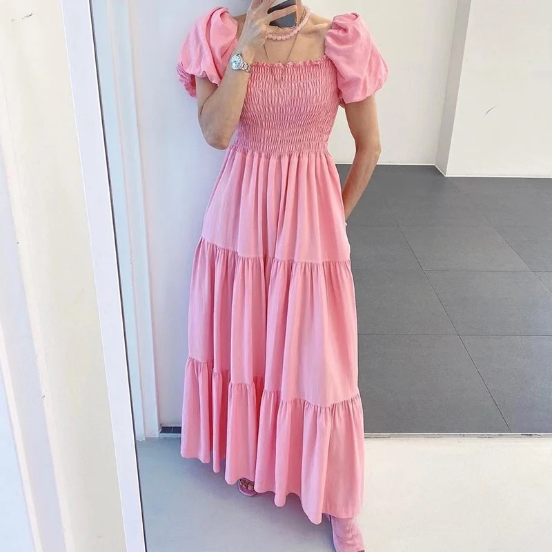 세련된 여름 빈티지 연령 감소 스퀘어 칼라 오프 숄더 프릴 하이 웨이스트 슬리밍 퍼프 슬리브 롱 드레스 여성용 