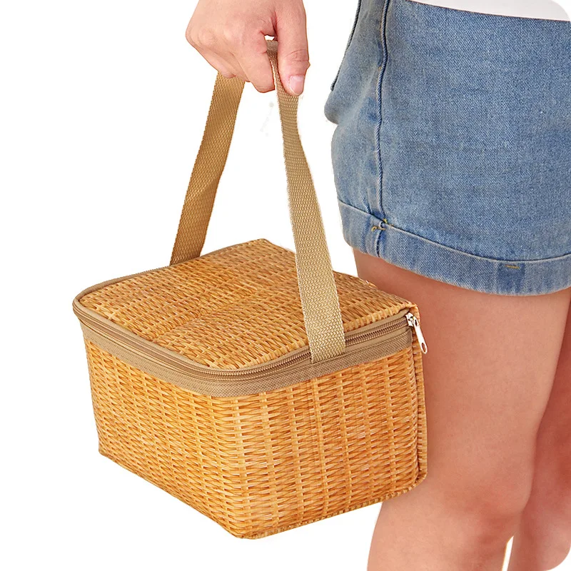 Imitation Rattan Outdoor Picnic Lunch Bags Portable Insulated Thermal Bento Box Food Cooler Tote Bag Pouch Storage Container