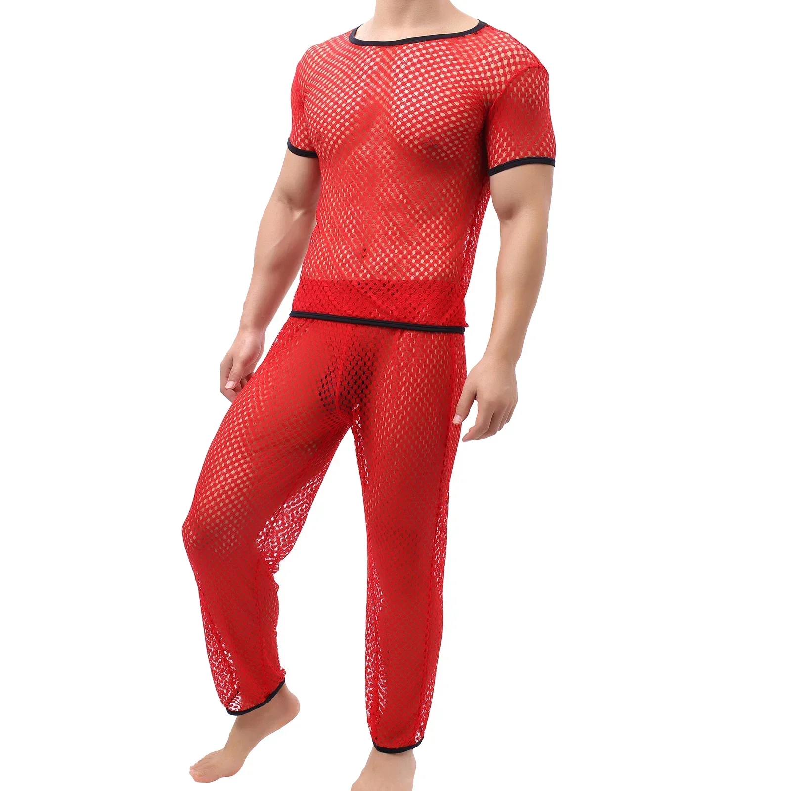 Sexy Transparent Men Undershirts Sets See Through Short Sleeve T Shirts Long Pants Underwear Pajamas Sleepwear Men's Clothes Set