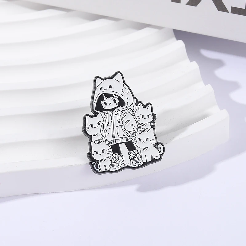 Katze Mädchen Emaille Pins Benutzerdefinierte Anime Einfache Zeichnung Broschen Revers Abzeichen Kleidung Tier Schmuck Geschenk für Kinder Freunde – Detail 7
