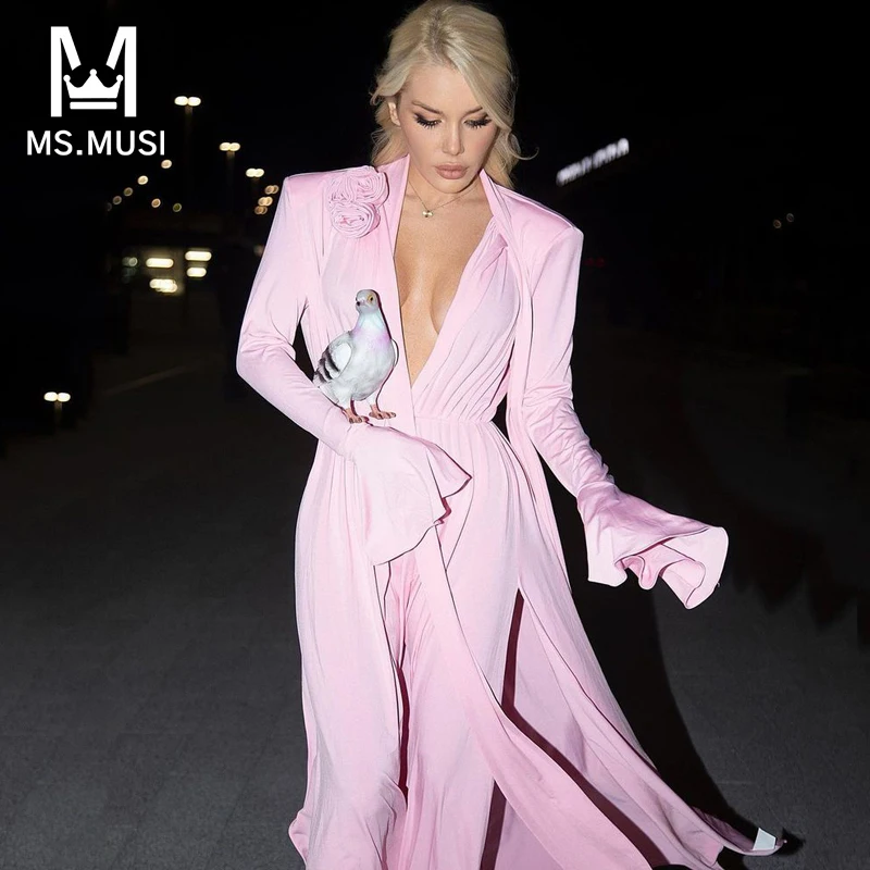 

MSMUSI 2024 New Fashion Women Sexy Lace Up Floral Draped Flare Long Sleeve Bodycon Party Club Slit Event Maxi Dress Vestidos