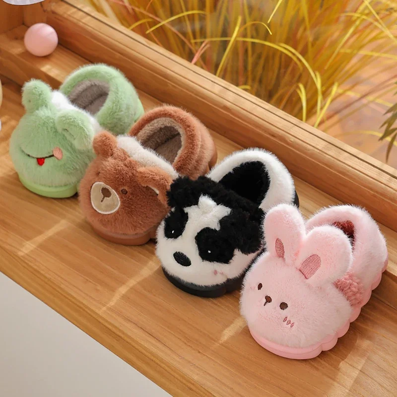 Plush Slippers Children's Cartoon Animals Heel Wrap Soft Sole Non-slip Winter Warm Indoor Home Cotton Shoes