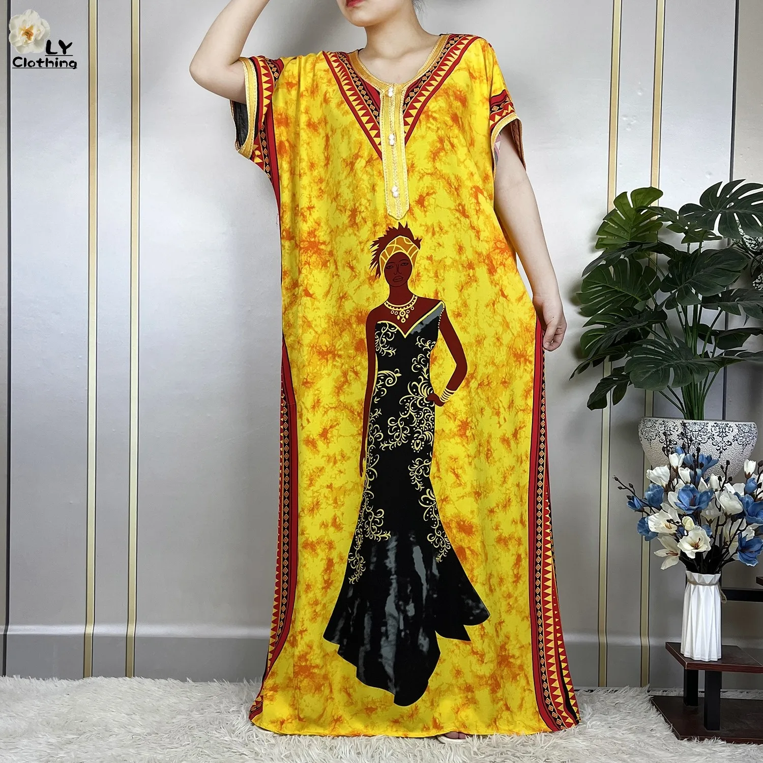 2023 New African Style Short Sleeve Dresses Cotton Pattern Printing Muslim Loose Robe Women Elegant Dress African Abaya Clothes 3