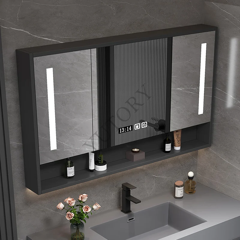 Solid wood smart bathroom mirror cabinet with lamp storage toilet defogging bathroom mirror wall-mounted type with rack