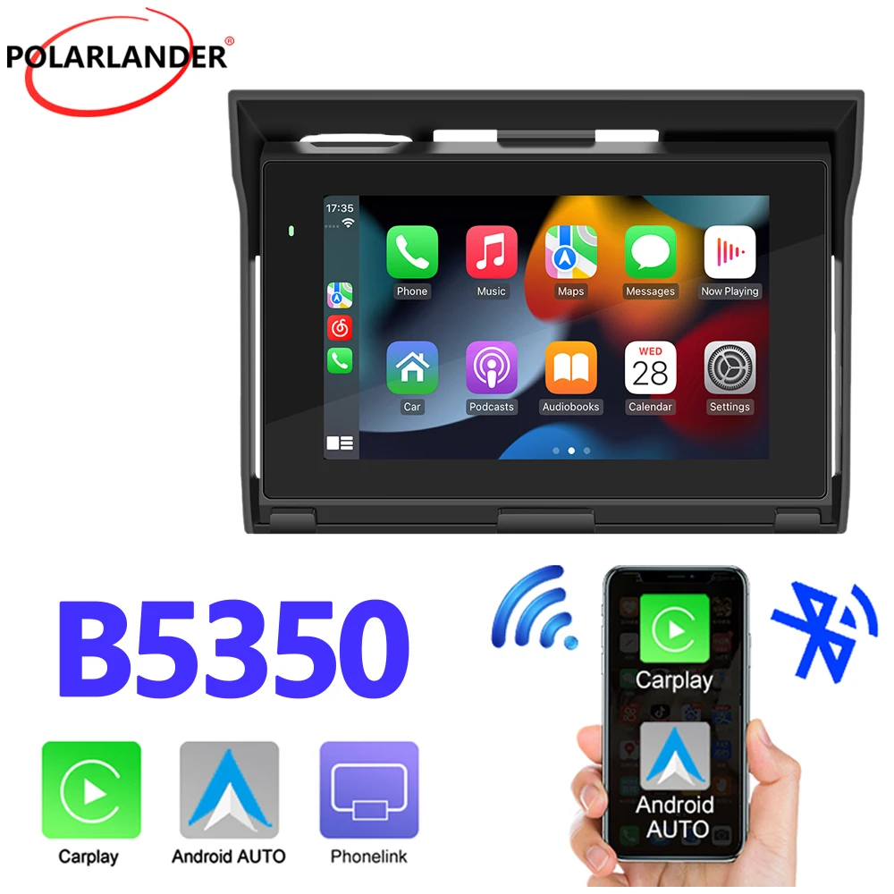 5인치 오토바이 휴대용 MP5 - 카플레이 안드로이드 오토 블루투스 5.0 9-30V 광범위 전압 차양 및 브래킷 세트