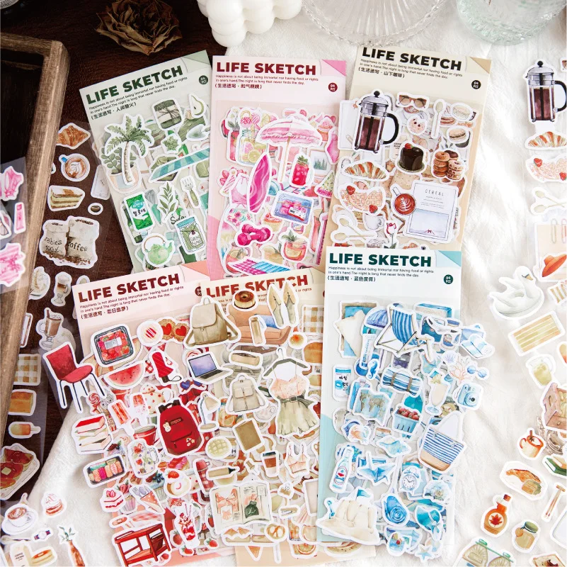

4 Sheets Life Sketch Series Decorative Sticker Pack Retro Coffee Scrapbooking Material Label Diy Diary Album Journal Planner
