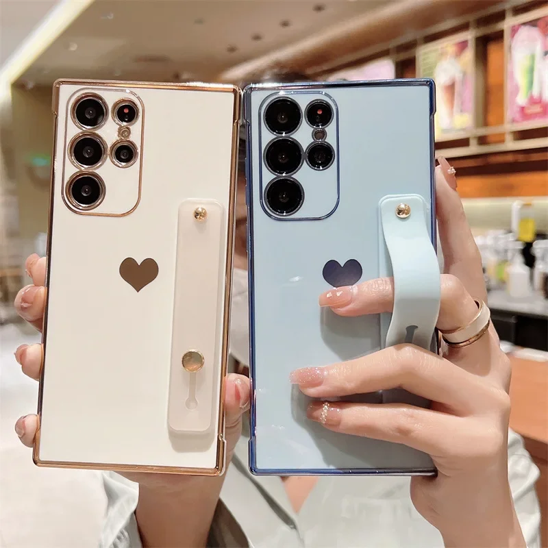Wrist Strap Holder Plating Love Heart Shockproof Phone Case